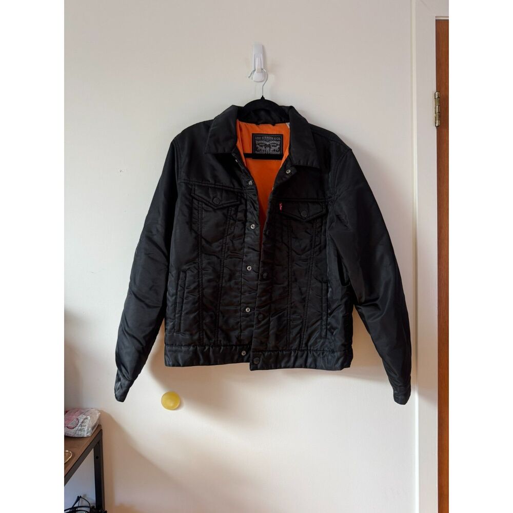 Levi's Men's Black Nylon Trucker Jacket Orange Lining Thermore Insulated M